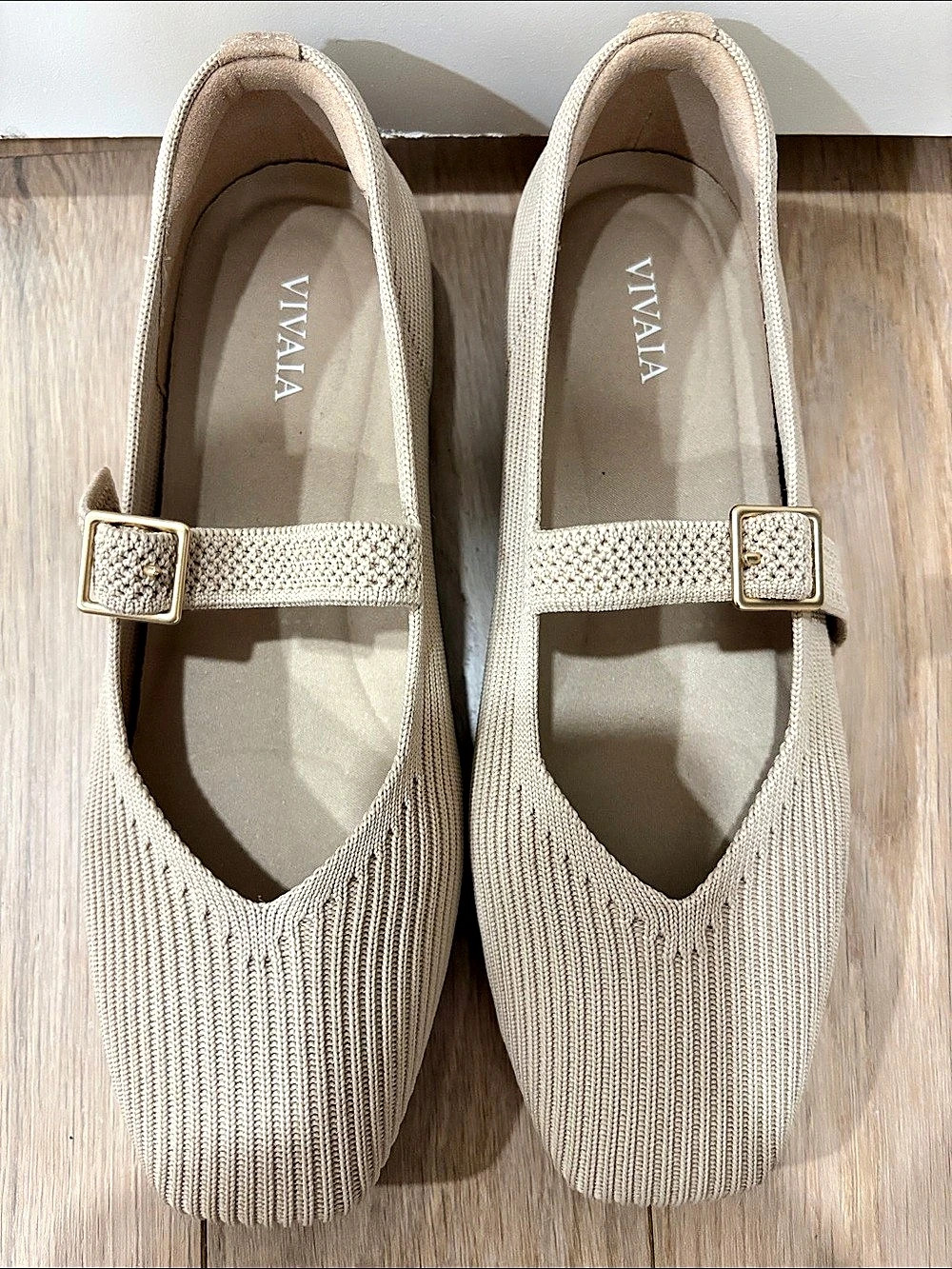 VIVAIA Margot Mary Jane Square-Toe Knit Flats Almond Beige Comfort Washable Sz 6